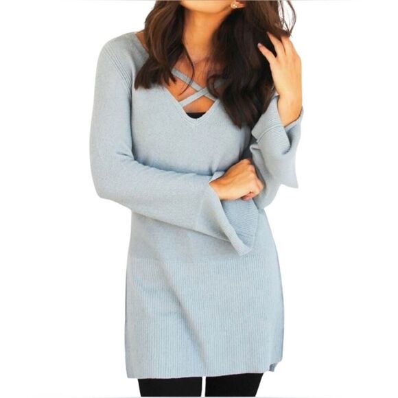 Free People Waterfall Criss Cross Sweater Top Blue EUC - Picture 1 of 16